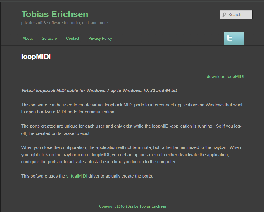 Tobias Erichsen loopMIDI download page